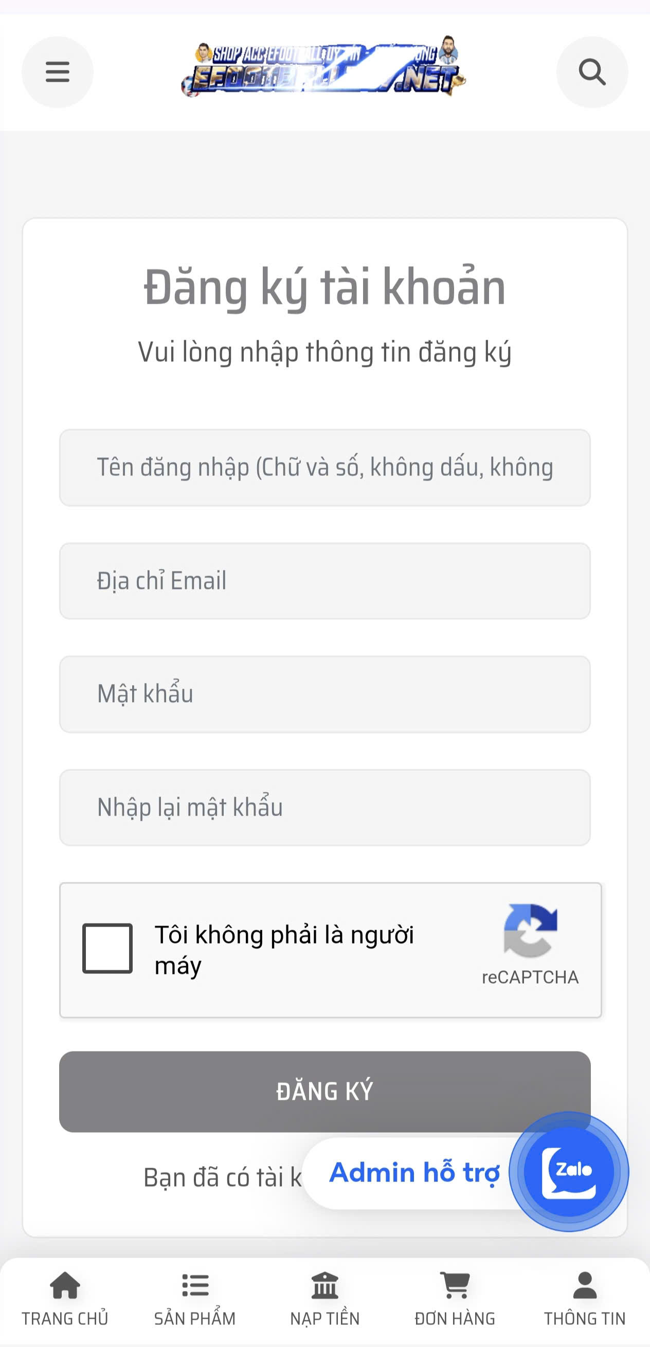 Điền thông tin đăng ký tài khoản eFootball247