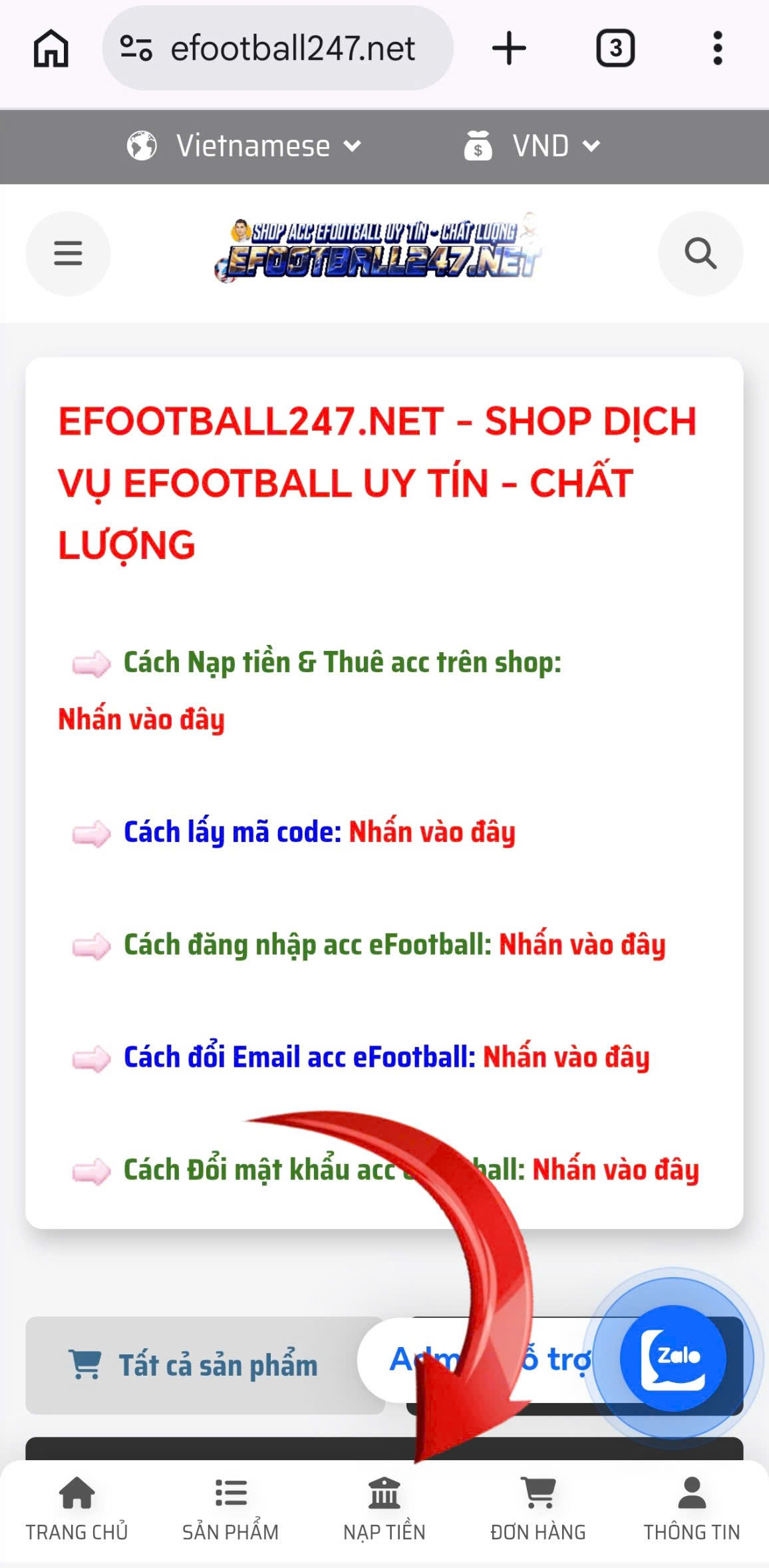 Chọn mục nạp tiền trên eFootball247.net