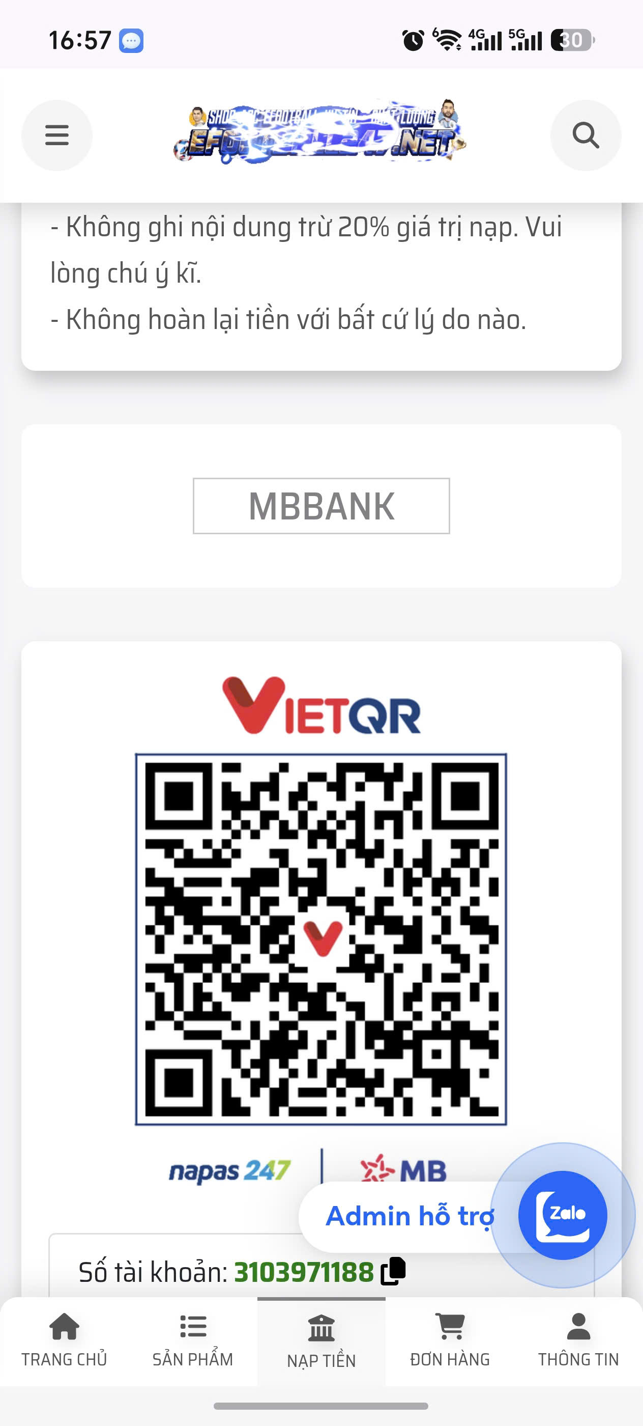 Thông tin chuyển khoản và mã QR trên eFootball247