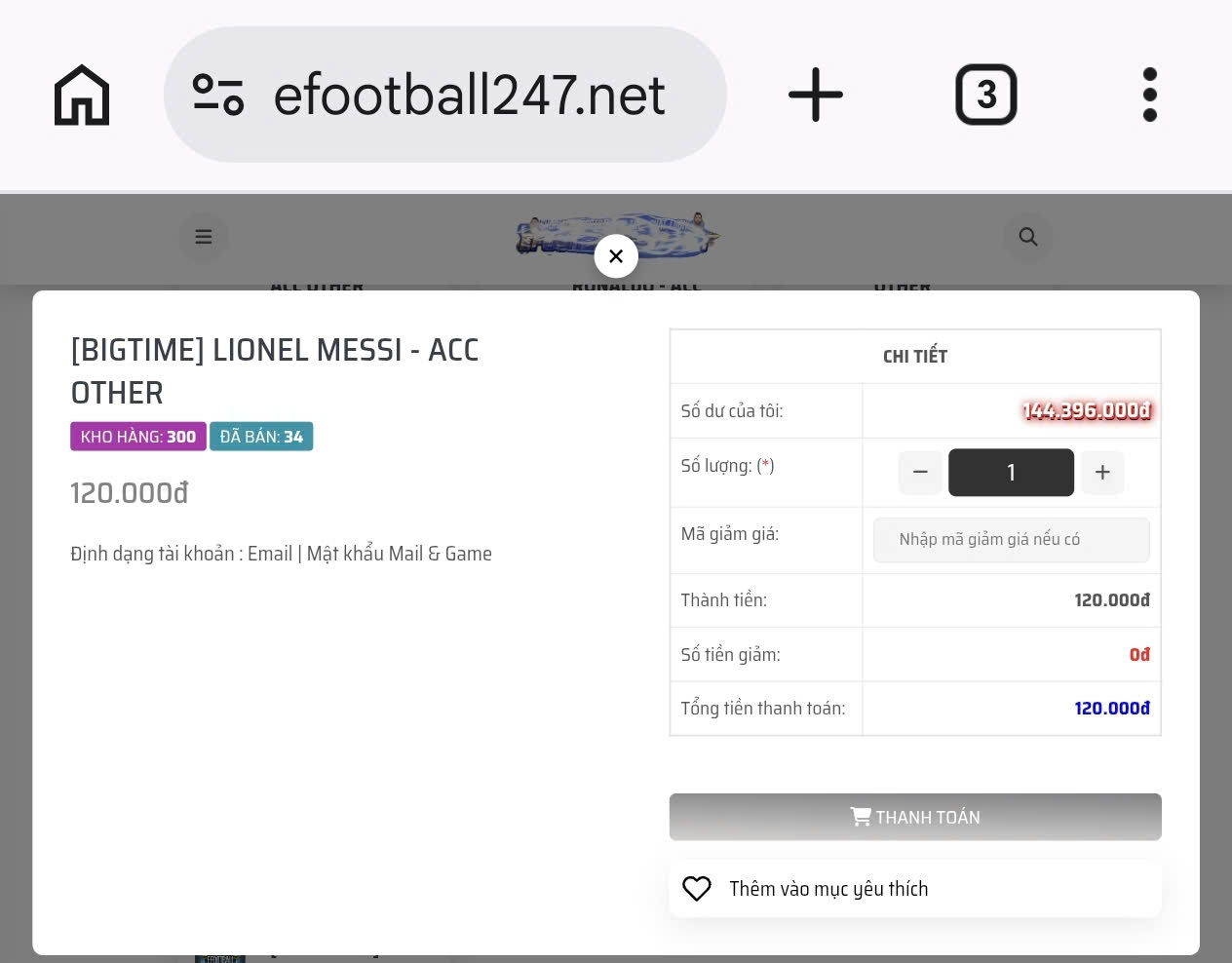 Chọn acc eFootball và nhấn thanh toán