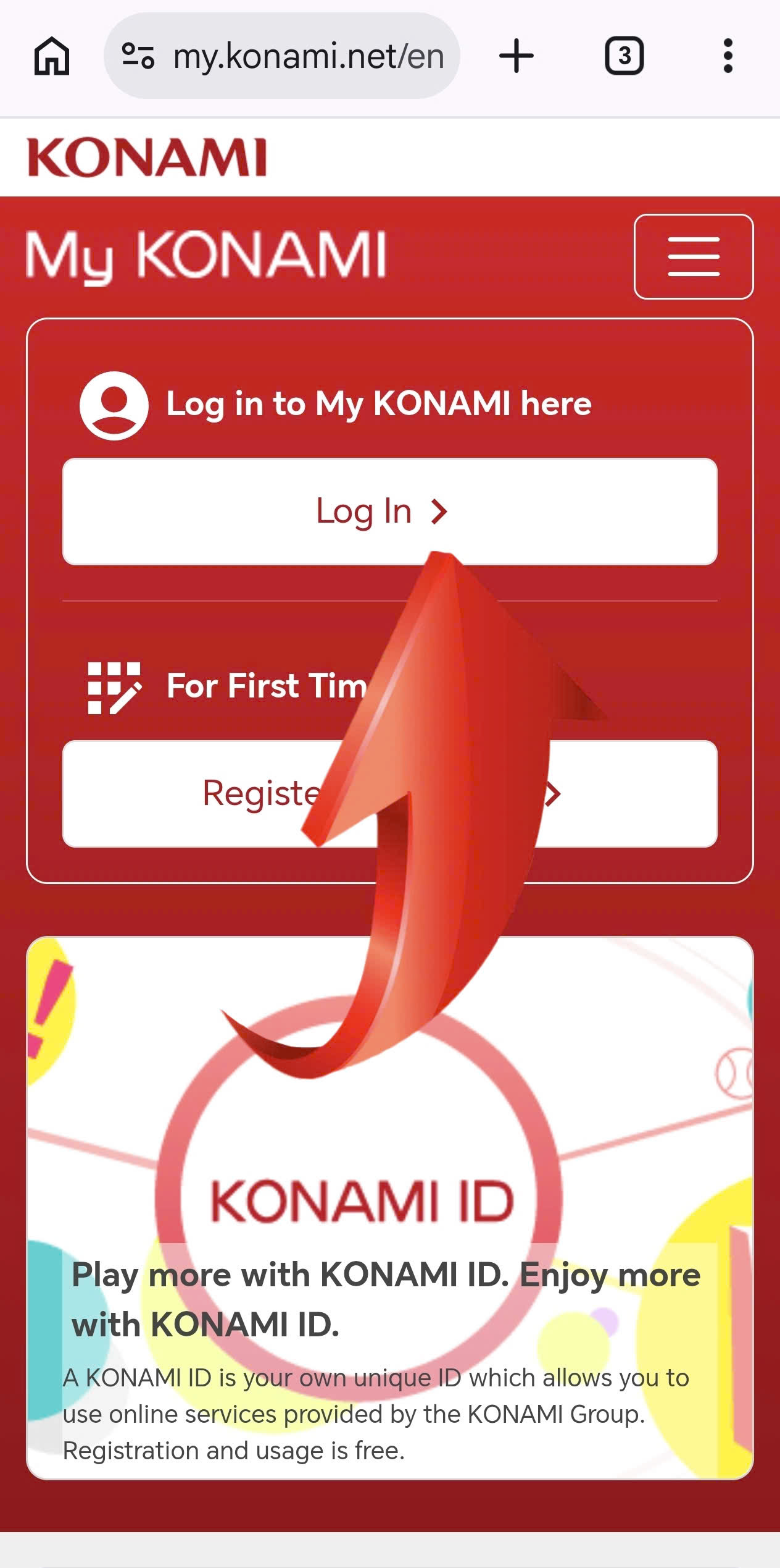 Truy cập my.konami.net và chọn Log In