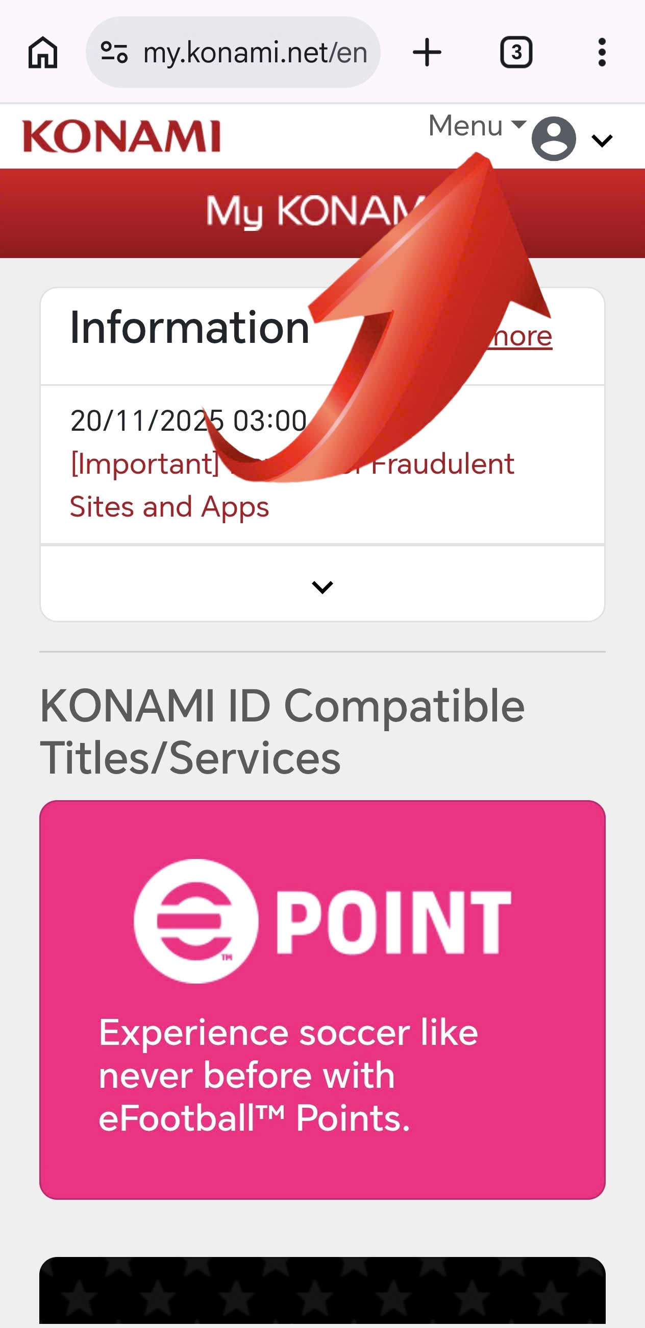 Chọn Menu trong tài khoản KONAMI