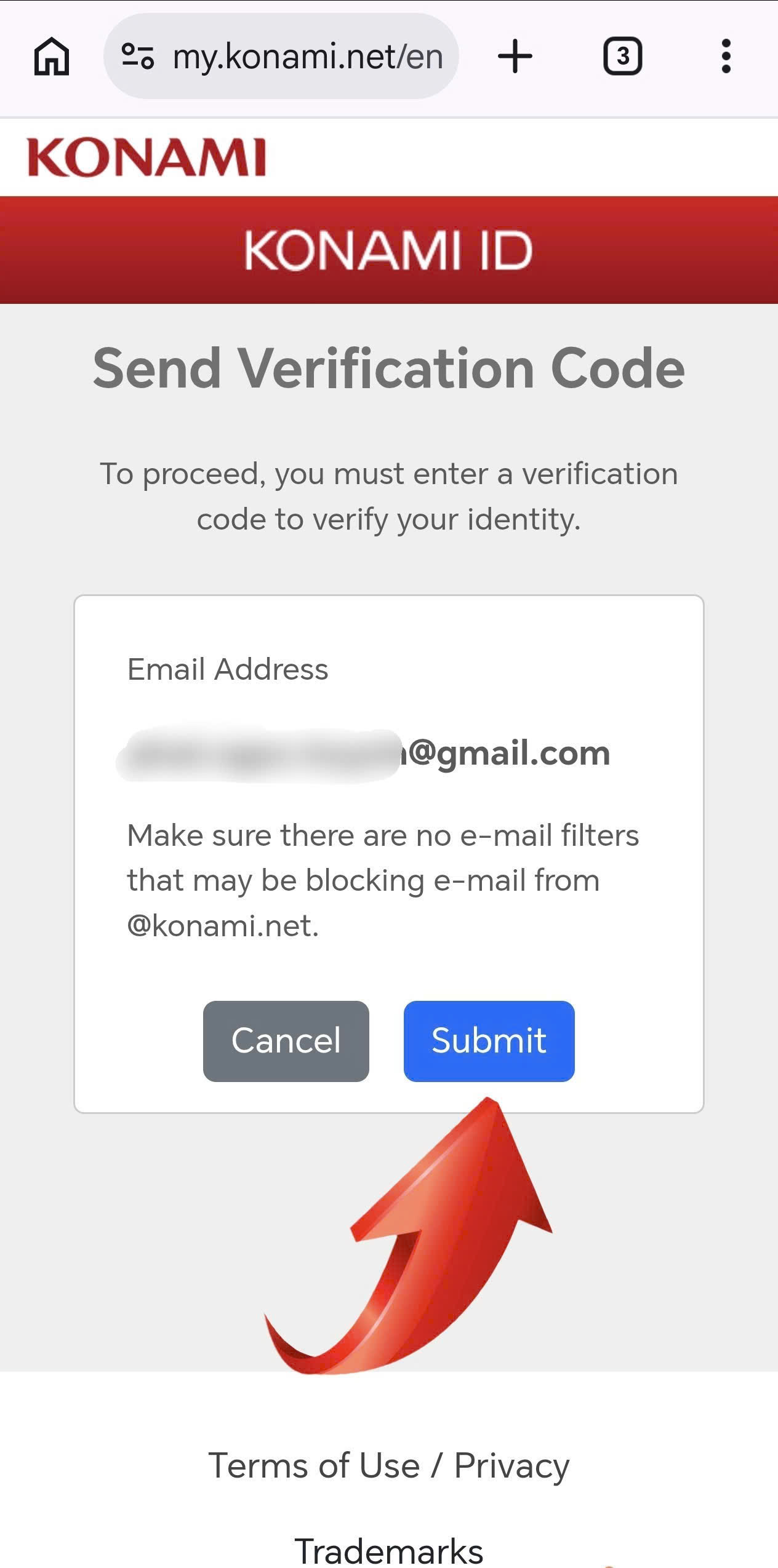 Nhấn Submit để tiếp tục đổi email