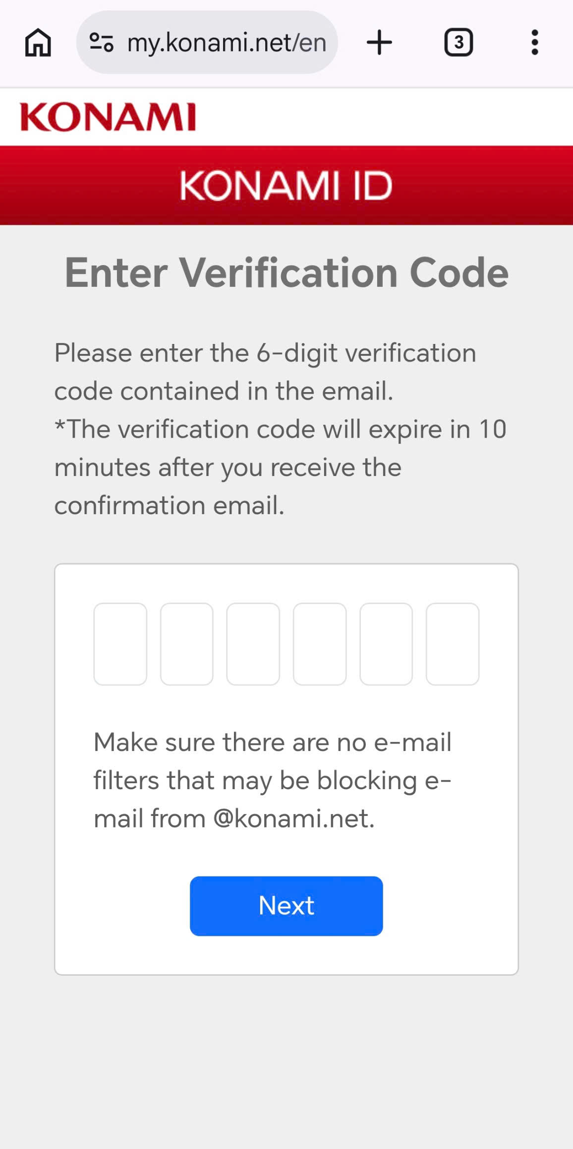 Nhập mã code 6 số KONAMI