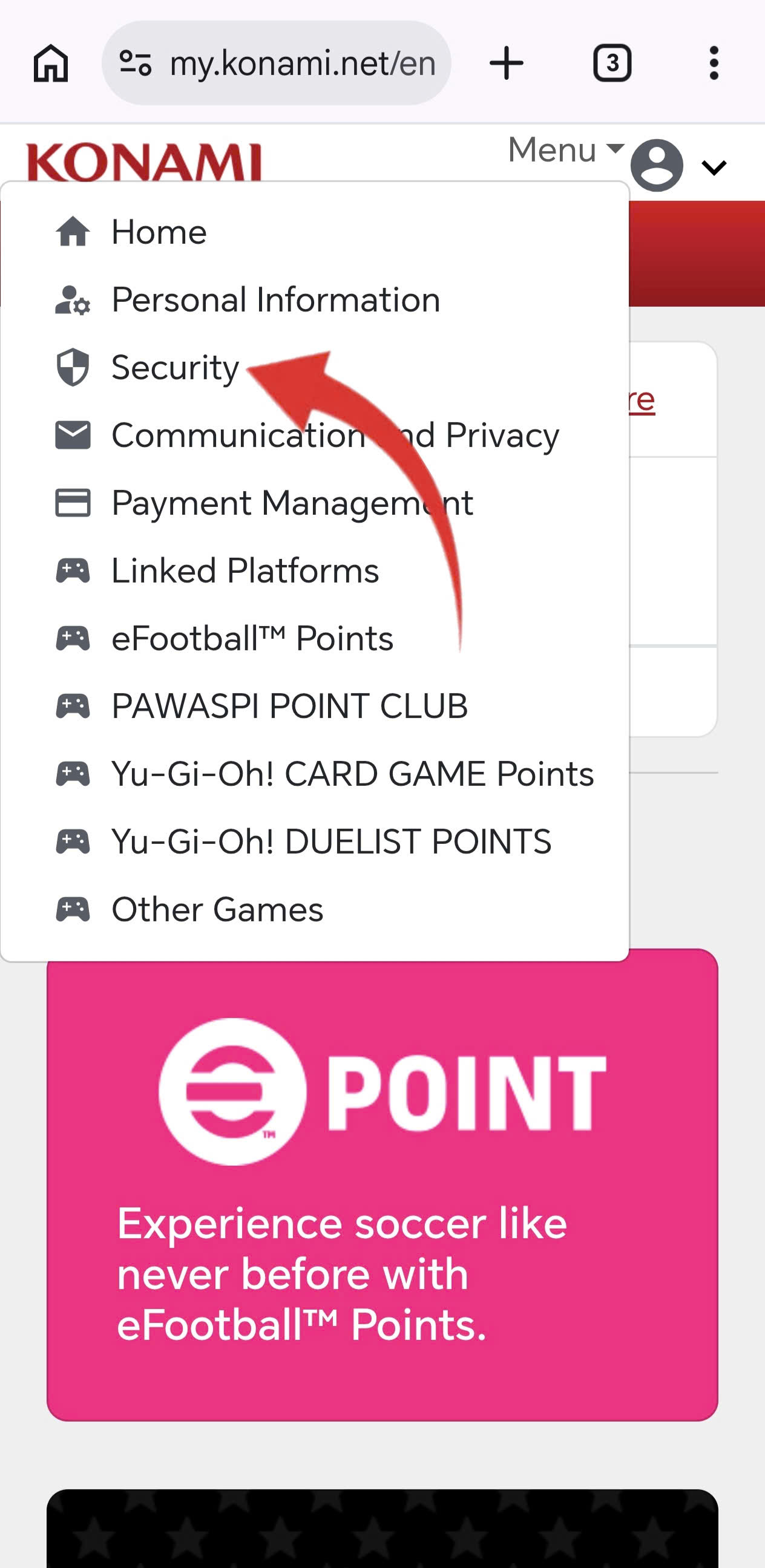 Chọn Security trong tài khoản KONAMI