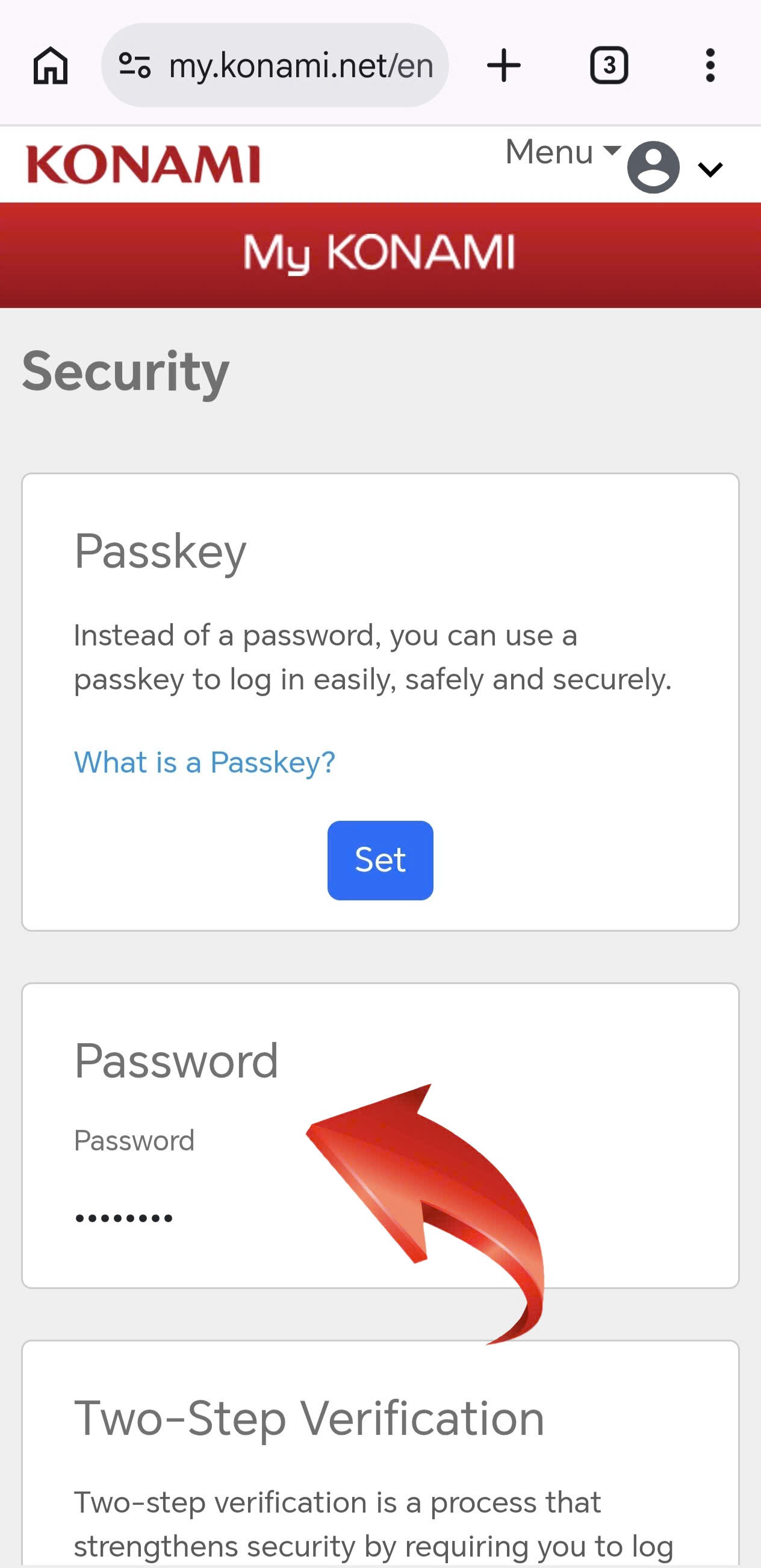 Chọn Password để đổi mật khẩu KONAMI